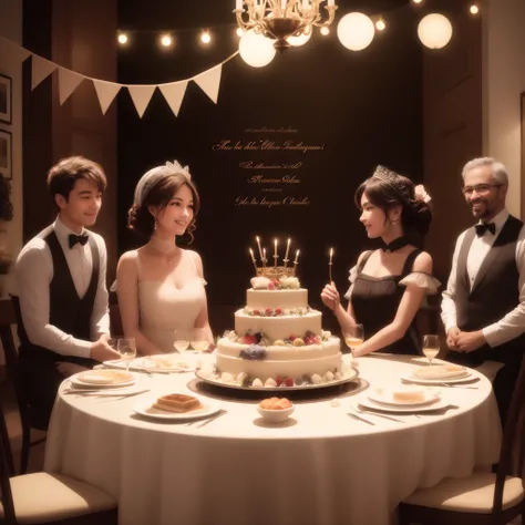 There are four people standing around a table with a cake, Prise de vue avec Canon EOA 6 D Mark II, magical atmosphere + Masterpiece, Prise avec Canon EOS 5 D Mark IV, official artwork, Photo prise avec Nikon D 7 5 0, Photo prise avec le Nikon D750, conten...