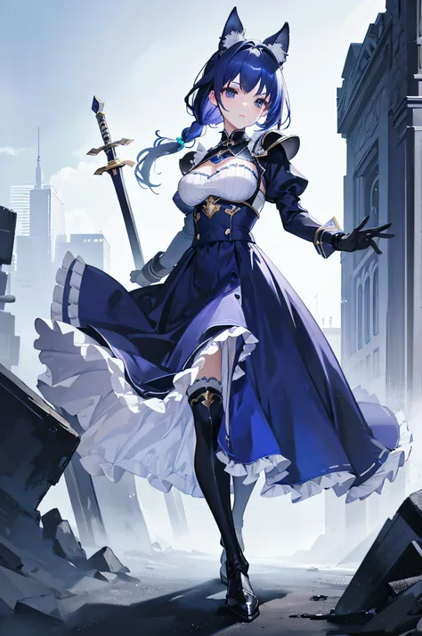 4K,hight resolution,Only woman,Dark blue hair,Twin-tailed,maid clothes,Long skirt,Long sleeves,armor gloves,Armor Boots,Chest Armer,The sword