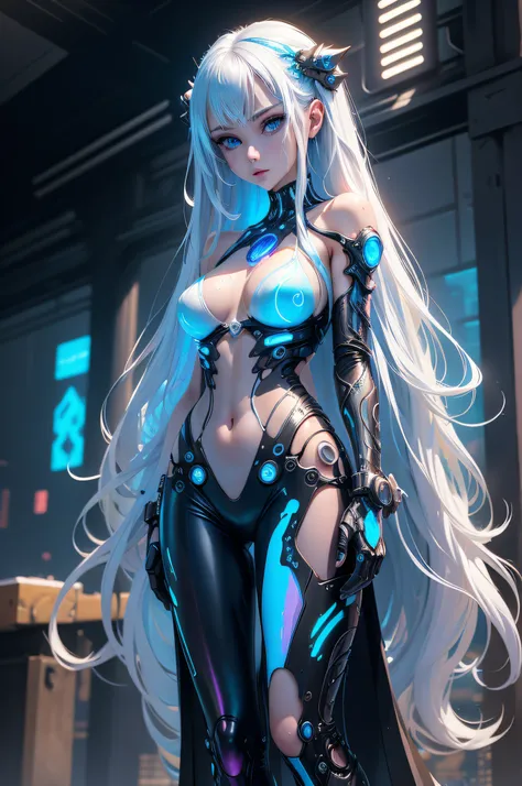 Masterpiece, Best Quality, Girls, (Detailed face), Slender, Blue Eyes, Hair Color, Iridescent, Long Hair Spreading, White Skin, Medium, Cute, Sexy, Near Future, Cyberpunk, wet Bikini, Exposed Skin, Night, Psychedelic, Trip, Extreme Color, Paisley Theme, Op...