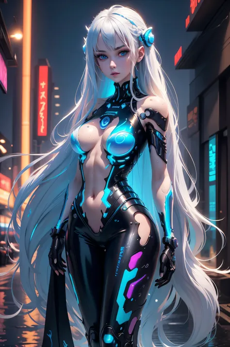 Masterpiece, Best Quality, Girls, (Detailed face), Slender, Blue Eyes, Hair Color, Iridescent, Long Hair Spreading, White Skin, Medium, Cute, Sexy, Near Future, Cyberpunk, wet Bikini, Exposed Skin, Night, Psychedelic, Trip, Extreme Color, Paisley Theme, Op...