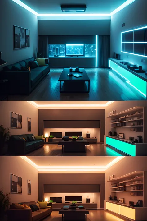 ealistic photo of modern kitchen and living room, computer, TV, lit environment, a little neon, best quality