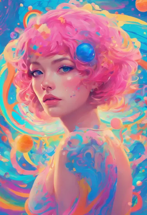 ((top-quality, 8K)), (Realistic), (Face Focus: 1.1), (blue and pink: 1.3), Kawaii Girl, short-hair, 
Hair fluttering in the wind, Facing to the side, Look up at your face, Eyes closed, (Sleeveless: 1.1)、Skirt, D Cup Breasts, Countless soap bubbles,