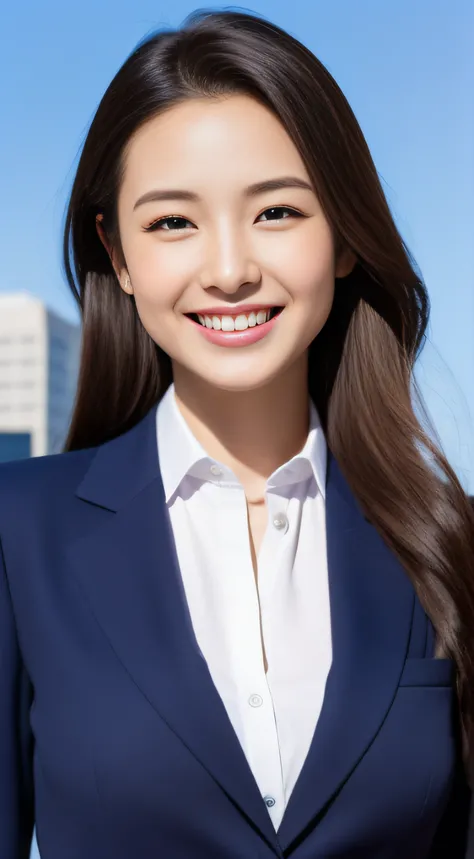 The face is a hostess、The clothes are business suits、hiquality、A hyper-realistic、healthy、Smiling expression、Slender perfect figure、Japan beauties、beautidful eyes、face perfect、Beautiful skin、Skyscrapers and blue sky background