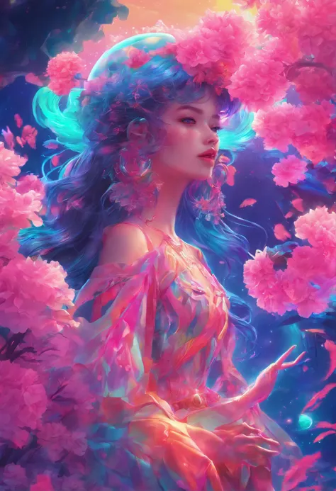 (highres:1.2, realistic:1.37), vibrant colors, surreal, ethereal, enchanting, (fantasy, whimsical:1.1), female, cherry blossom, hybrid, (detailed, intricate:1.1) floral patterns, magical, (flowing, long) hair, (delicate, graceful) pose, (luminous, glowing)...