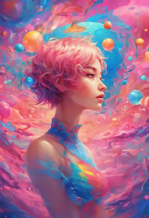 ((top-quality, 8K)), (Realistic), (Face Focus: 1.1), (blue and pink: 1.3), Kawaii Girl, short-hair, 
Hair fluttering in the wind, Facing to the side, Look up at your face, Eyes closed, (Sleeveless: 1.1)、Skirt, D Cup Breasts, Countless soap bubbles,