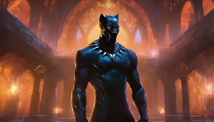 somber portrait of Terminator Black Panther from Marvel with intricate angular cybernetic implants inside a brutalist building, gothic brutalist cathedral, cyberpunk, award-winning photo, bokeh, neon lights, cybernetic limb