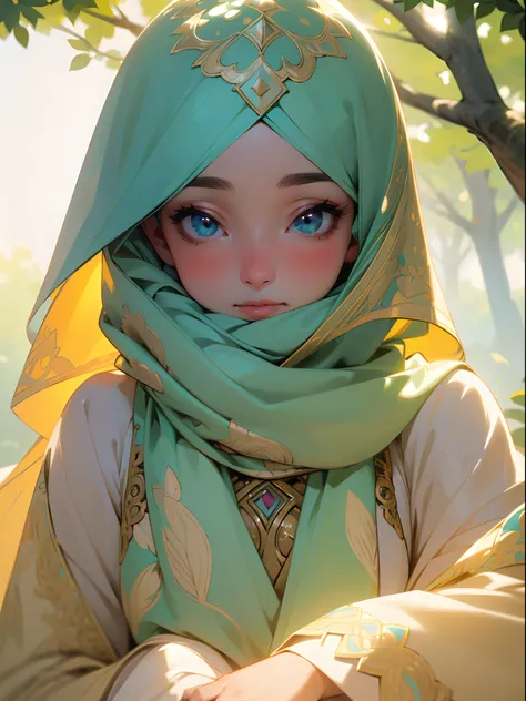 (best quality,4k,8k,highres,masterpiece:1.2),ultra-detailed,(realistic,photorealistic,photo-realistic:1.37),beautiful detailed eyes,beautiful detailed lips,extremely detailed eyes and face,long eyelashes,hijab attire,anime girl:wearing hijab,traditional hi...