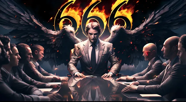 um close up de um grupo de pessoas sentadas ao redor de uma mesa com um anjo em chamas, 6 6 6, 666, kanliu666, ron desantis as satan, Triplo Seis, fazendo um acordo com o diabo, para compreender o inferno ou ir angelical, 2 0 5 6, Rei do inferno, 8 k altam...