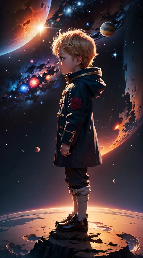 there is a little boy standing on a small planet looking at the galaxy, the little prince, a rose is by the boys side, children book style art, many planets can be seen, a comet can be seen