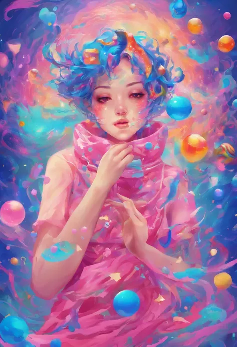 ((top-quality, 8K)), (Realistic), (Face Focus: 1.1), (blue and pink: 1.3), Kawaii Girl, short-hair, 
Hair fluttering in the wind, Facing to the side, Look up at your face, Eyes closed, (Sleeveless: 1.1), nudde, Skirt, D Cup Breasts, Countless soap bubbles,