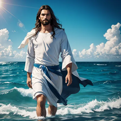 jesus is standing in the ocean with a cross on his shoulder, jesus christ, portrait of jesus christ, jesus walking on water, god of the ocean, the god of the sea, jesus, the sea and storms behind him, young almighty god, fan art, jesus face, by Hristofor Ž...