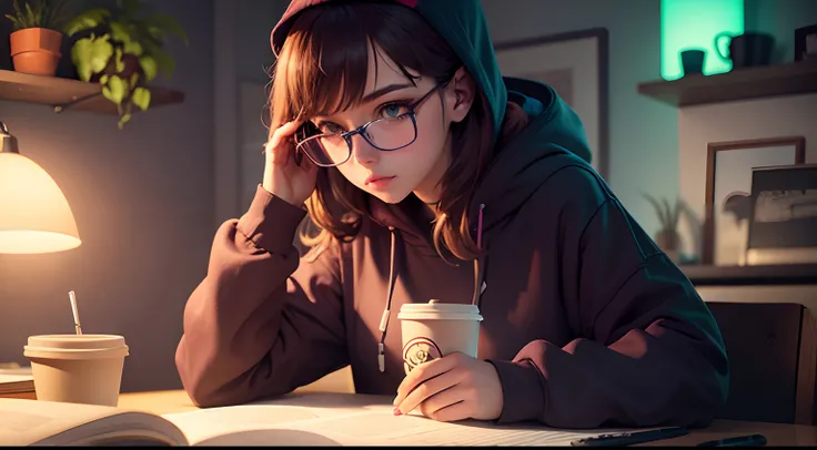 create a scenario with a girl with glasses, wearing a sweatshirt studying concentrated at a desk decorated with plants, a cup of coffee, with a lofi style in cold colors, with neon lights