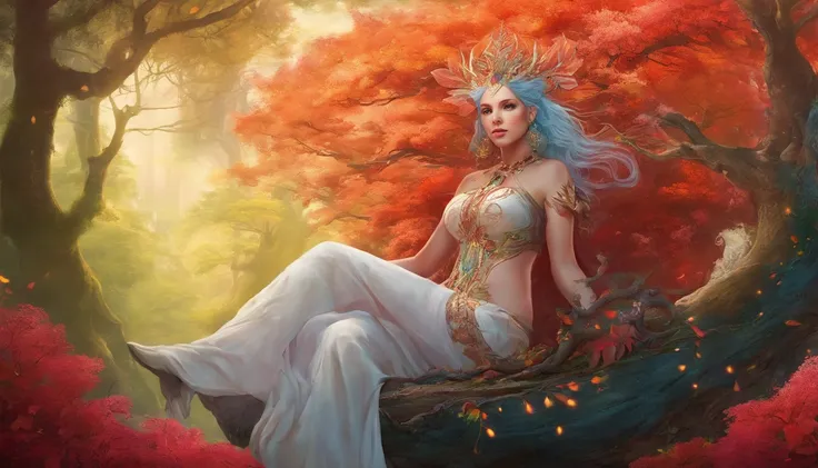 Bold graphic illustration, Bright tattoos of the constellation of Filigree, fantasia sombria, Full body photo of an adorable voluptuous and curvy white woman with red dreadlocks on a throne in an enchanted forest