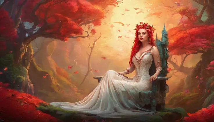 Bold graphic illustration, Bright tattoos of the constellation of Filigree, fantasia sombria, Full body photo of an adorable voluptuous and curvy white woman with red dreadlocks on a throne in an enchanted forest