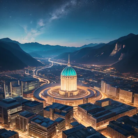 from above, very wide shot, finest image, detailed and delicate depiction, A huge building with a very tall conical shape, covered in glass with an iridescent chrome-plated skeleton, and the top of its head is round and red. The sound of a river flowing fr...