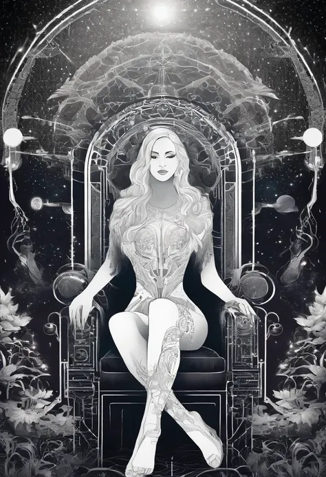 Bold graphic illustration, glowing filigree constellation tattoos, dark fantasy, full body shot of a lovely curvy voluptuous busty white woman on a throne in a enchanted forest