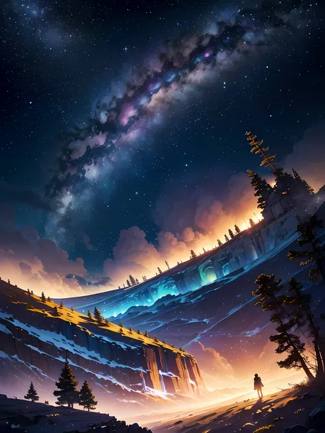 Saturn in the starry sky between nebulas, skyward cliff tip, yellow and white flower trees, (ultra-realistic), {extremely detailed 8k CG unit wallpaper}, expansive landscape photography, (a low view that prioritizes character and setting, (wide view of ope...