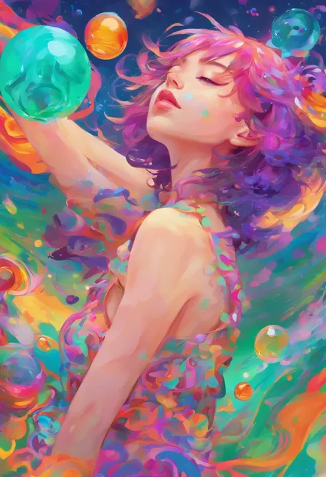 ((top-quality, 8K)), (Realistic), (Face Focus: 1.1), (Blue, Green and purple colors: 1.2), Kawaii Girl, short-hair, 
Hair fluttering in the wind, Facing to the side, Look up at your face, Eyes closed, (Sleeveless: 1.1)、Skirt, D Cup Breasts, Countless soap ...