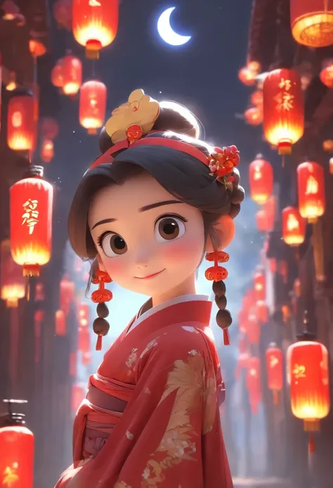 Super cute anthropomorphic small，Wearing a red Chinese Hanfu in Pixar style, She is a princess，she is walking，She looked around，Enjoying The Scenery，She loves the Mid-Autumn Festival celebrations，The background is a starry sky and a full moon， Charming big...