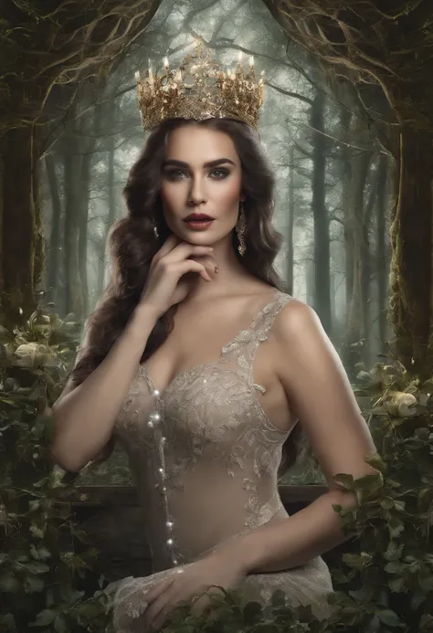 Bold graphic illustration, glowing filigree constellation tattoos, dark fantasy, full body shot of a lovely curvy voluptuous busty white woman on a throne in a enchanted forest