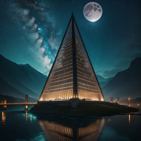 from above, very wide shot, finest image, detailed and delicate depiction, Its a huge building in the shape of a very tall square pyramid, covered in glass with an iridescent chrome-plated skeleton, and the top of its head is round and red. The sound of a ...