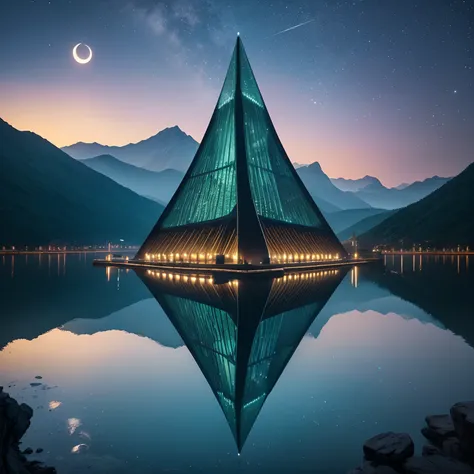 from above, very wide shot, finest image, detailed and delicate depiction, Its a huge building in the shape of a very tall square pyramid, covered in glass with an iridescent chrome-plated skeleton, and the top of its head is round and red. The sound of a ...