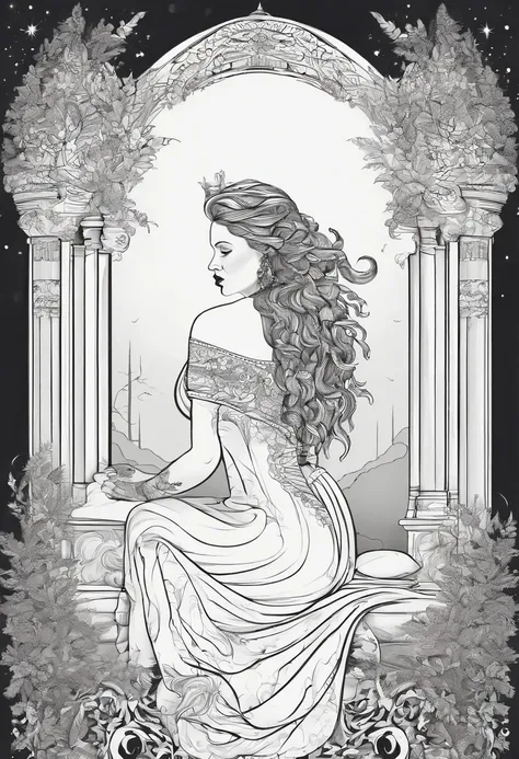 Bold graphic illustration, glowing filigree constellation tattoos, dark fantasy, full body shot of a lovely curvy voluptuous busty white woman with red dreadlocks on a throne in a enchanted forest