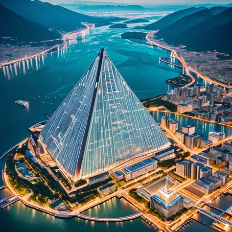 from above, very wide shot, finest image, detailed and delicate depiction, Its a huge building in the shape of a very tall square pyramid, covered in glass with an iridescent chrome-plated skeleton, and the top of its head is round and red. The sound of a ...