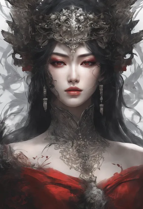 Black-haired god, white mask woman, red wedding dress, crying, close-up figure painting, gorgeous Guwiz style art, breathtaking epic character painting, Fan Qi, Yang J, Wu Zhun Shifan, etc., wonderful artistic journey on Guwiz Pixiv.