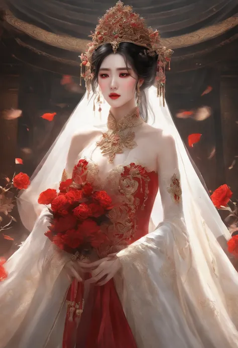 Black-haired god, white mask woman, red wedding dress, crying, close-up figure painting, gorgeous Guwiz style art, breathtaking epic character painting, Fan Qi, Yang J, Wu Zhun Shifan, etc., wonderful artistic journey on Guwiz Pixiv.