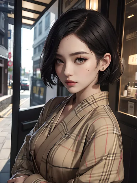 Beige Burberry plaid kimono、Black eyeliner and black eyeshadow、A detailed face、detailed facial expression、Shoot from the waist up、Dynamic Posing、Fancy makeup、See-through stall、Platinum Color Hair、short-hair、