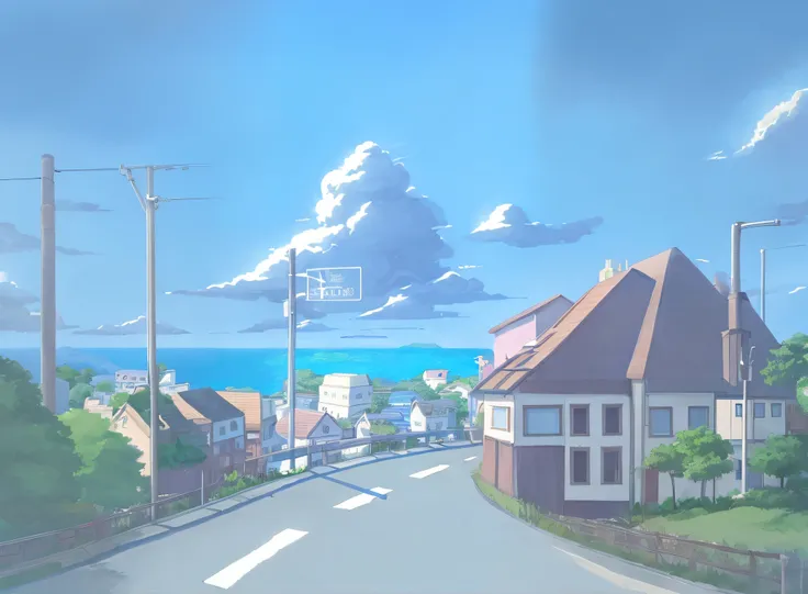 anime houses and big clouds with roads with cars   pastel colors blue skies big clouds