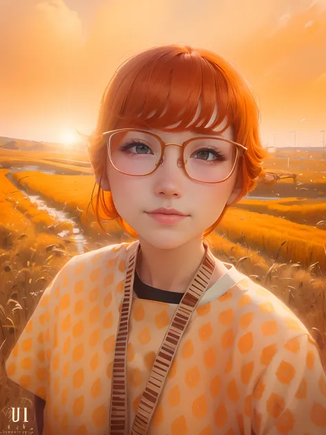 full bodyesbian、Portrait of cute redhead girl standing in wheat field、florals、Orange fog、movement、wispy hair、真实感、high quality render、stunning art、hightquality、Film Grain、Fujifilm XT3、dream-like