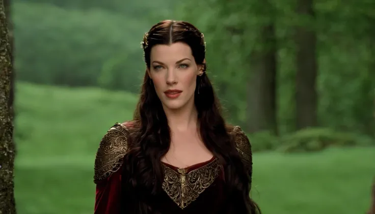 Liv Tyler como Arwen, hair a mess, hot, (suado), deitado, (almofadas de seda), pulseiras de couro vermelho, em Rivendell, frontal completo, revelar seios, sexy, showing, vissível