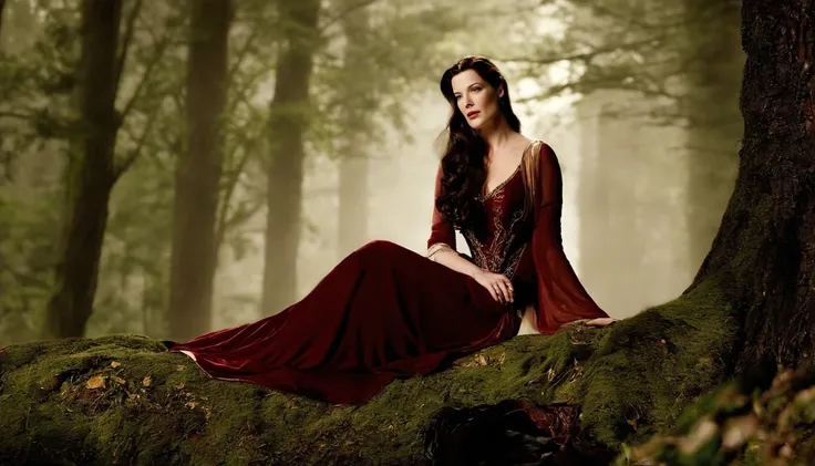 Liv Tyler como Arwen, hair a mess, hot, (suado), deitado, (almofadas de seda), pulseiras de couro vermelho, em Rivendell, frontal completo, revelar seios, sexy, showing, vissível