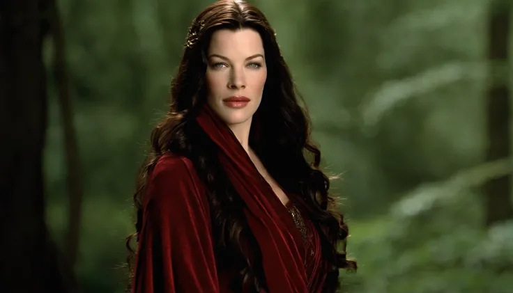 Liv Tyler como Arwen, hair a mess, hot, (suado), deitado, (almofadas de seda), pulseiras de couro vermelho, em Rivendell, frontal completo, revelar seios, sexy, showing, vissível