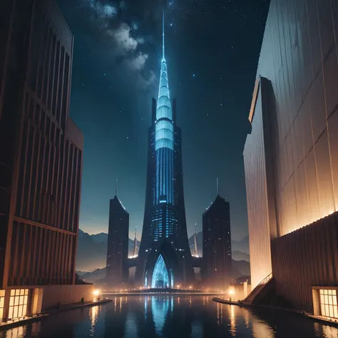 from above, very wide shot, finest image, detailed and delicate depiction, A huge building with a very tall conical shape, covered in glass with an iridescent chrome-plated skeleton, and the top of its head is round and red. The sound of a river flowing fr...