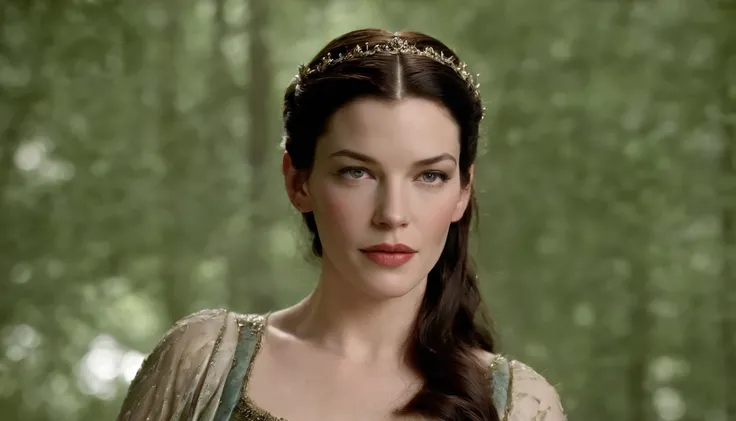 Liv Tyler como Arwen, hair a mess, hot, (suado), deitado, (almofadas de seda), pulseiras de couro vermelho, em Rivendell, frontal completo, revelar seios, sexy, showing, vissível