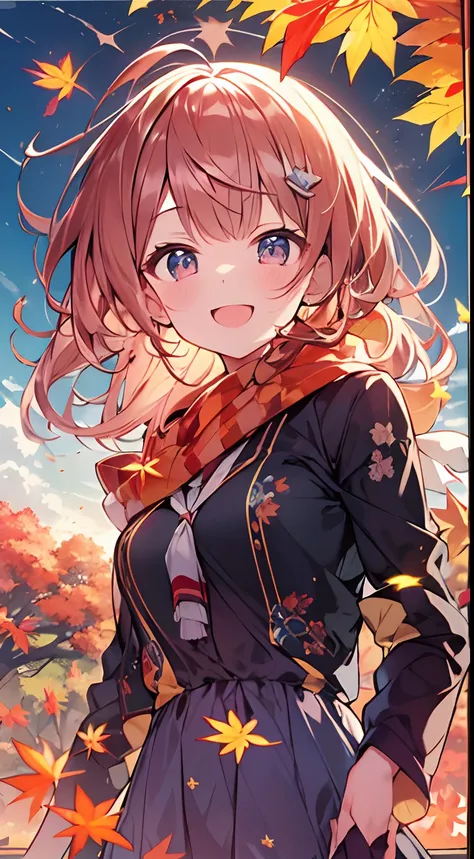 masutepiece, Best Quality,Illustration, Wallpaper, ultra -detail, Absurd beauty, 1beautiful girl、Bright hair color、Glitter and big eyes、Hair fluttering in the wind、ample breasts、♡、Smaller head、Autumn landscape、miscievous smile