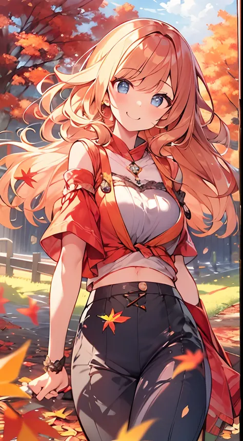 masutepiece, Best Quality,Illustration, Wallpaper, ultra -detail, Absurd beauty, 1beautiful girl、Bright hair color、Glitter and big eyes、Hair fluttering in the wind、ample breasts、♡、Smaller head、Autumn landscape、miscievous smile