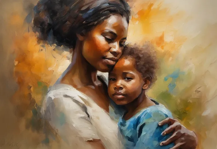 A closeup of mother holding two children in her arms, African, Negroid, African hair, Van Gogh Style, (Heavy Brushstrokes:1.2), Vibrant Colors, (Coarse Impasto:1.3), (Angled Composition:1.1), Dramatic Shadows, ( dramatic lighting:1.2), peaceful atmosphere,...