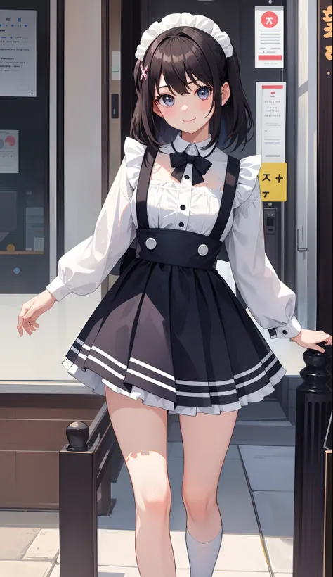 1girl in、AS-Adult、A smile、The shirt、Ultra mini skirt、pantiy、（small tits）、doress、pinafore、Hair decoration、（Maid costume）、Walking with a thigh、Upper body portrait、