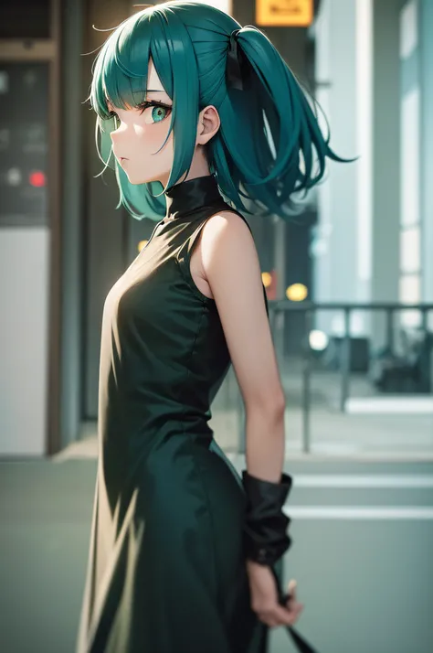 1girl, shoulderlong green blue hair, wearing short black dress, night city, absurdres, high res, ultrasharp, 8K, masterpiece, looking at viewer