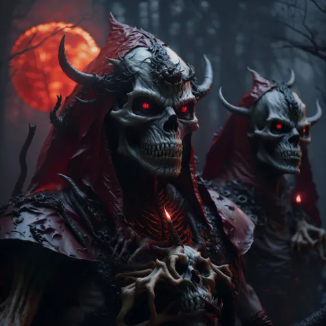 there are two demonic men in the woods with red lights, fantasy style 8 k octane render, unreal engine fantasy art, created in unreal engine 5, Artstation contest winner, unreal engine 5 digital art, adorned with demon skulls, trending on artstation 4k, fa...