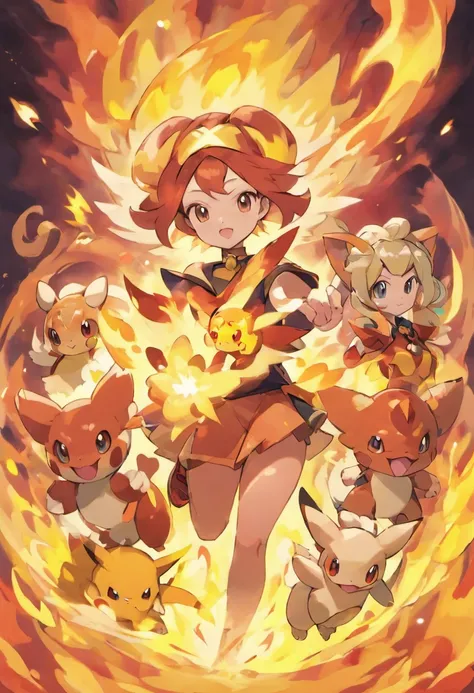 a pokemon team with 3 fire type pokemons with a pokemon trainer