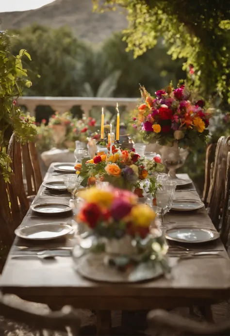 Imagine a beautiful birthday décor, repas copieux, fourchettes, couteau de table, table lumineuse, near a swimming pool, presence of multicolored flowers, birthday cake with the inscription "Adolphe" on top and place on the table, un perroquet multicolore ...