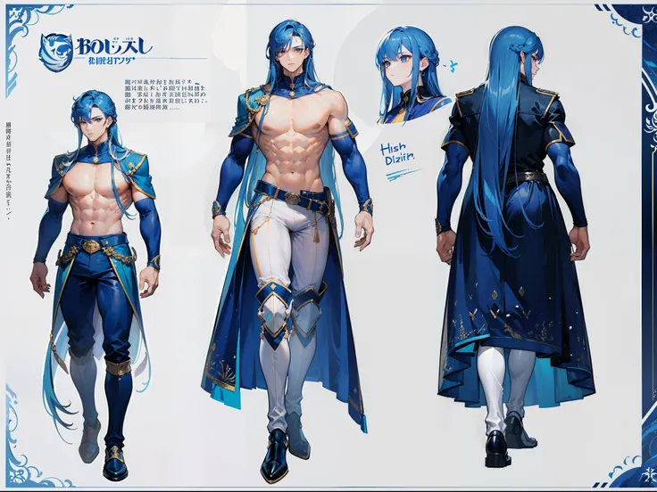 ((Masterpiece, Highest quality)), Detailed face, character design sheet， full bodyesbian, Full of details, frontal body view, back body view, Highly detailed, Depth, Many parts, Muscle boy with long blue hair with long bangs，handsome man, muscle body, navy...