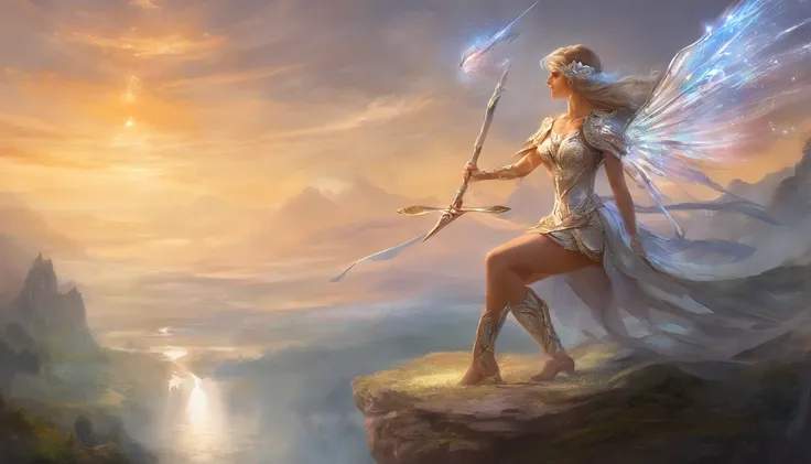 A female fairy wearing a blindfold with silver crystal wings wearing gleaming white armor wielded a luminous spear that emanates a lot of light and a strong shield that the hardest rock represents for the best possible quality, e ela mostrando uma aura pos...