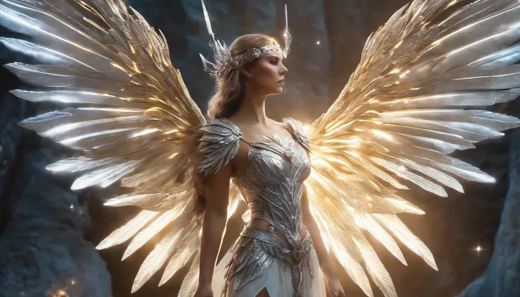 A female fairy wearing a blindfold with silver crystal wings wearing gleaming white armor wielded a luminous spear that emanates a lot of light and a strong shield that the hardest rock represents for the best possible quality, e ela mostrando uma aura pos...