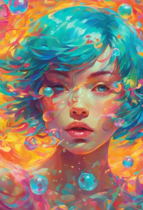 ((top-quality, 8K)), (Realistic), (Face Focus: 1.1), (cyan colors:1.3), girl with, short-hair, Hair fluttering in the wind, (Sleeveless: 1.1)、Skirt, C cup breasts, Countless soap bubbles,